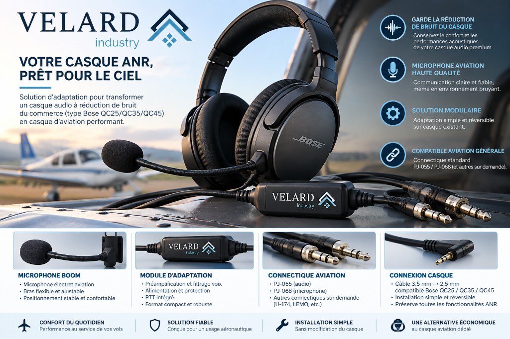 Fiche produit kit casque ANR aviation VELARD industry : micro boom, module d’adaptation PTT et connectique PJ-055 / PJ-068