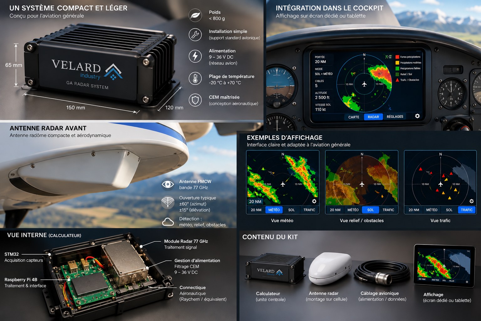 Fiche produit GA Radar System VELARD industry : calculateur, antenne radar, intégration cockpit et contenu du kit